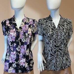 212 Collection Set of 2 Womens Button Down Blouses Floral & Damask Print  Sz Med